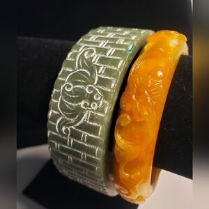 Green and Yellow Jade Carved Bangles